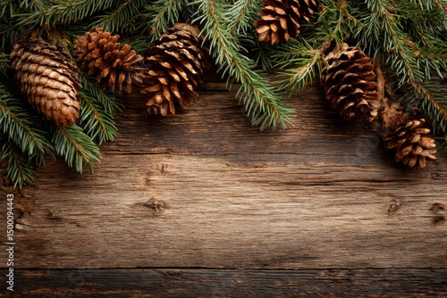 Christmas background with fir branches and pine cones lying on rustic wooden boards