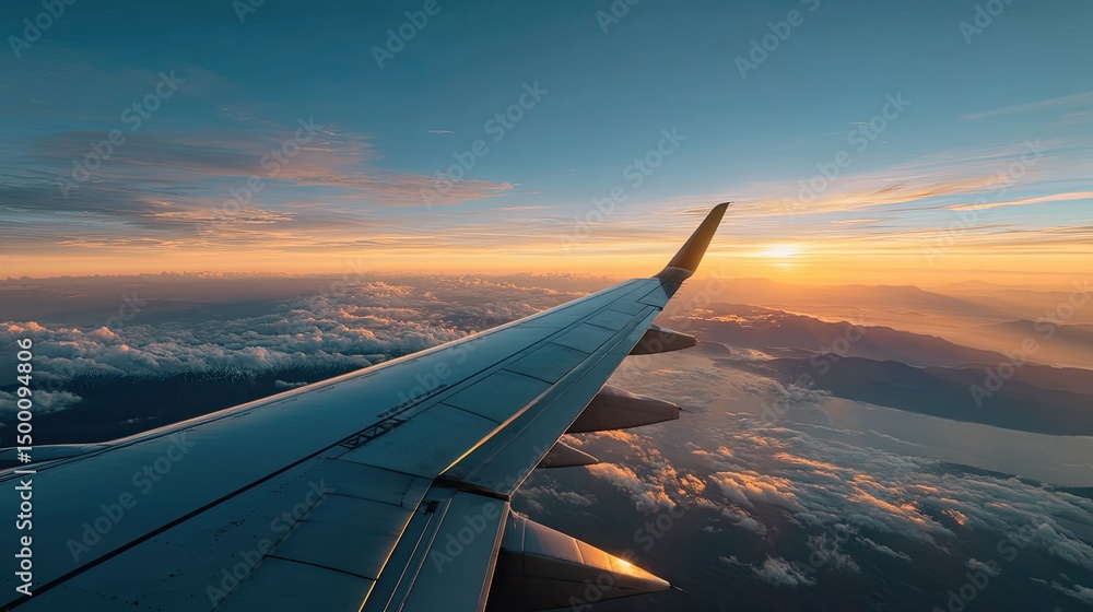 Fototapeta premium Airplane wing above clouds at sunrise with golden light and panoramic view of ocean and mountains below sky