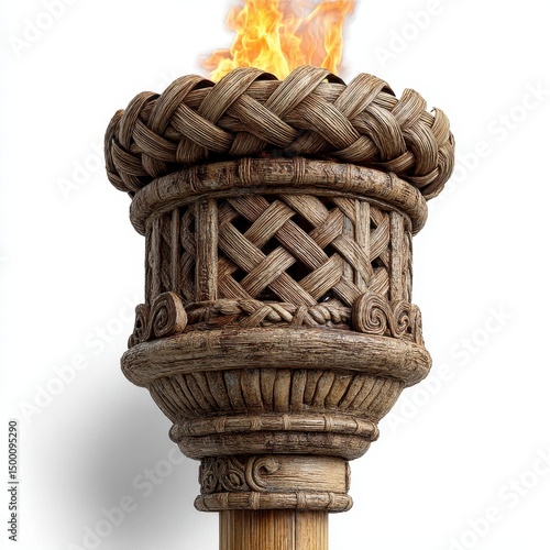 Ornate wooden torch with intricate carvings and a flame burning at the top, set against a plain white background.