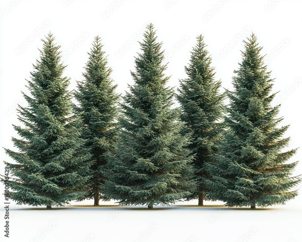 Obraz premium Five upright, full evergreen trees against white