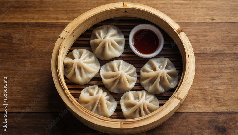 Fototapeta premium Realistic top view of traditional Chinese dumplings in a bamboo steamer with dipping sauce on a wooden table, no text or branding.