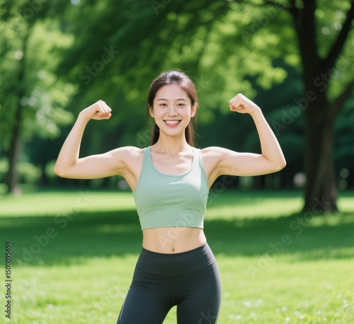 Happy fitness woman showing her biceps while smiling in a green park