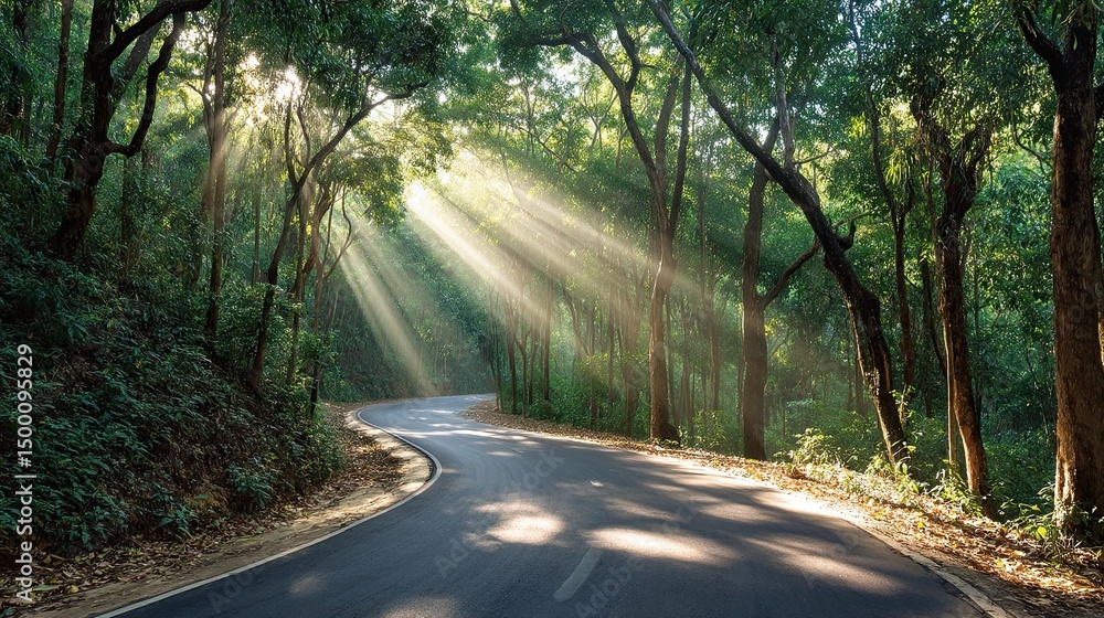 Fototapeta premium Winding road through lush green forest with sunbeams shining through trees in peaceful early morning light