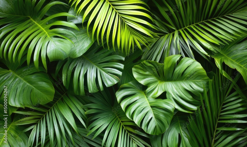 Lush tropical leaves densely arranged Lush tropical leaves densely arranged