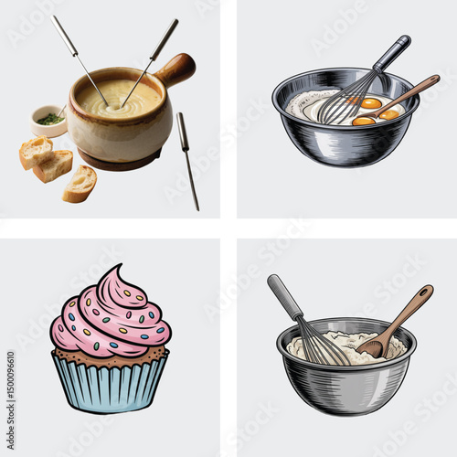 Kitchen utensils and dishes collection with bowls spoons plates and chopsticks for cooking and dining