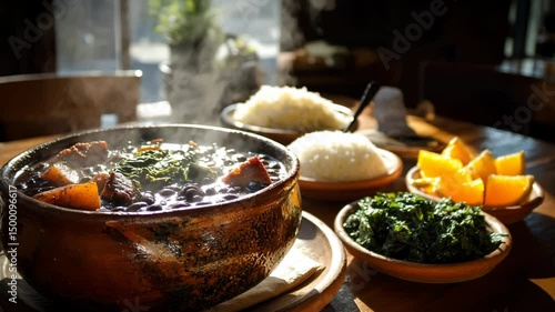 A traditional Brazilian feijoada served