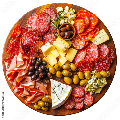 Wooden board filled with assorted meats, cheeses, and olives on transparent background