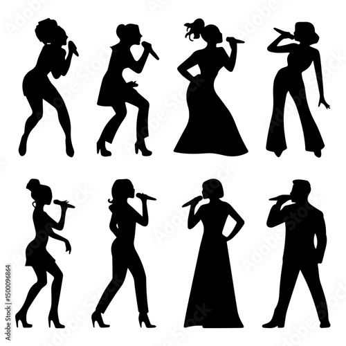 Silhouettes of men and women singing with microphones in various dynamic poses, showcasing energetic performance styles against a clean white background.