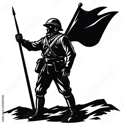 Revolutionary Fighter Stands Firmly with Flag and Spear in Hand