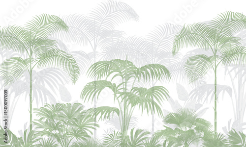Light Green Tropical Palm Trees Illustration, Elegant Botanical Landscape Wallpaper
