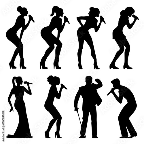 Silhouettes of men and women singing with microphones in various dynamic poses, showcasing energetic performance styles against a clean white background.