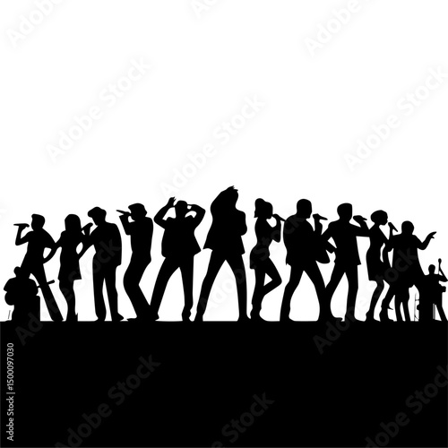 Silhouettes of men and women singing with microphones in various dynamic poses, showcasing energetic performance styles against a clean white background.