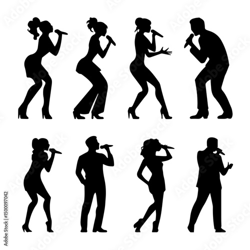 Silhouettes of men and women singing with microphones in various dynamic poses, showcasing energetic performance styles against a clean white background.