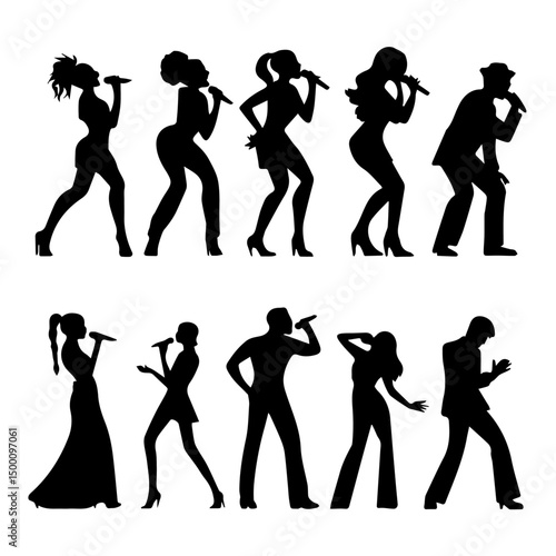 Silhouettes of men and women singing with microphones in various dynamic poses, showcasing energetic performance styles against a clean white background.