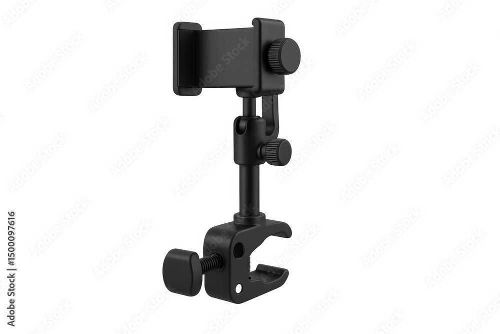 Adjustable smartphone holder clamp mounting on transparent background Adjustable smartphone holder clamp mounting on transparent background