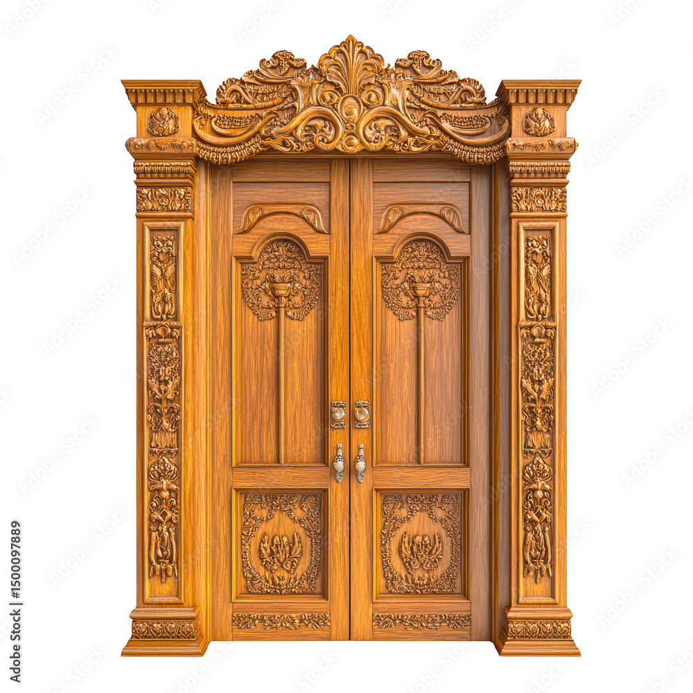 Ornate wooden door with carvings and decorative frame on transparent background Ornate wooden door with carvings and decorative frame on transparent background