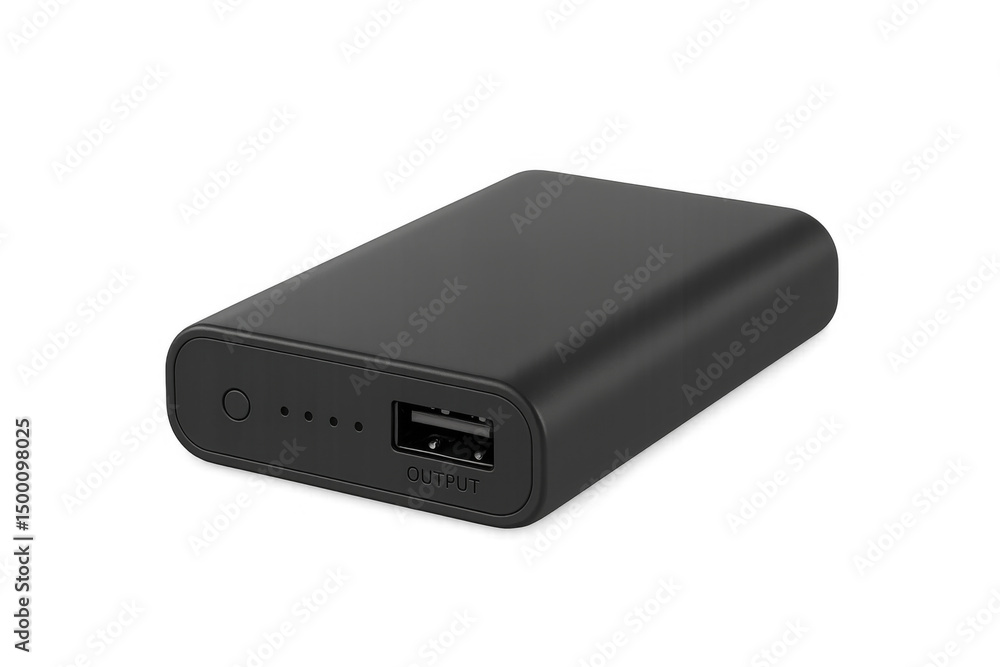 Black power bank with usb output port on transparent background Black power bank with usb output port on transparent background