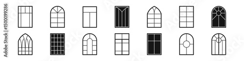 Collection of minimalist black and white window icons in various shapes including arched, rectangular, and gothic styles for architectural designs.