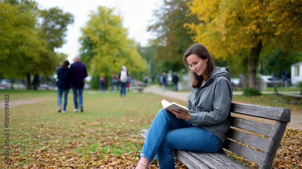 Woman reading a book on a bench in a park during autumn Woman reading a book on a bench in a park during autumn