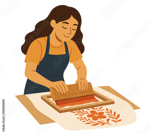 A pretty woman doing hand printing on fabric flat vector illustration