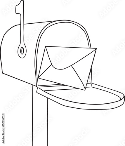 Mailbox with its flag up and an envelope inside, depicted in black and white line art. This illustration is perfect for concepts related to mail, communication, delivery, and 