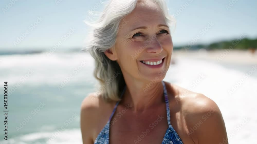 Happy senior woman smiling at the beach Happy senior woman smiling at the beach