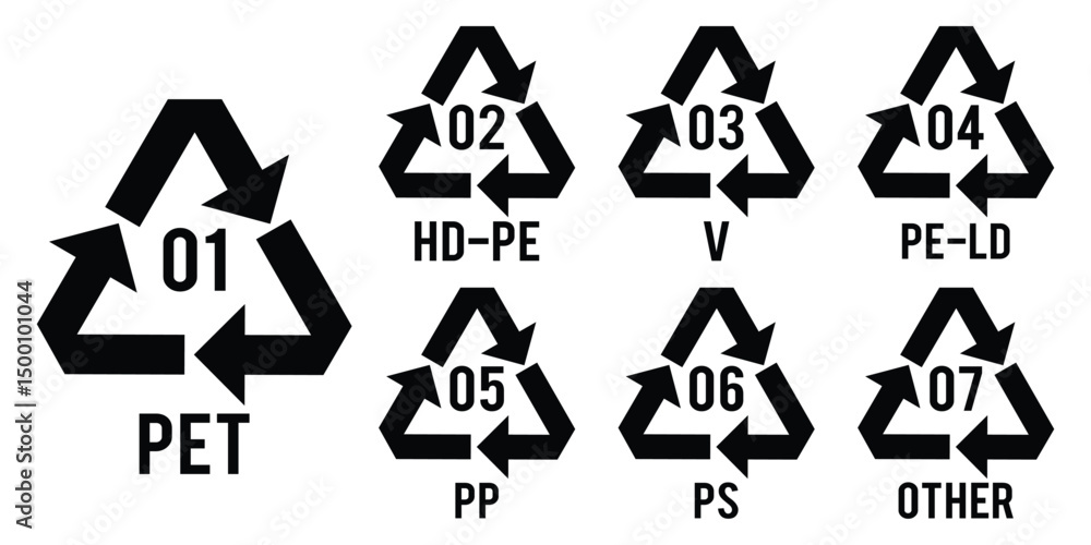 Obraz premium Numbers set of recycling symbol. The number in the triangle indicates the type of plastic. 1to7 number. Numbers set in recycling symbols. Paper recycling code icon set. PET, HDPE, PVC, LDPE, PP, PS