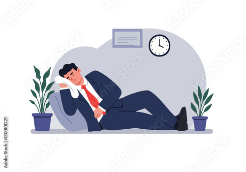 A businessman dozes on a chair in an office, enjoying a power nap. Soft colors and a relaxed atmosphere convey a moment of respite. Suitable for business and wellness themes.