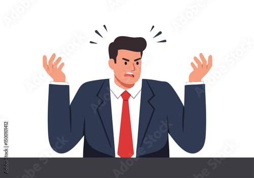 Frustrated businessman gestures in anger, conveying meeting frustration. Bold colors and dynamic lines highlight the emotional intensity. Suitable for business and stress-related themes.