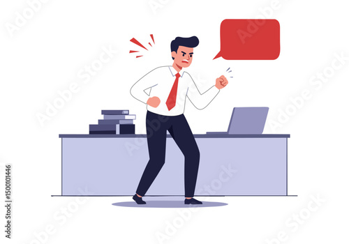 Frustrated businessman reacts to a system error, displaying tech anger. A clear, impactful illustration conveying frustration and digital issues. Suitable for business and technology themes.