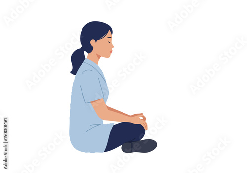 A healthcare professional takes a mindful breath pause, seated in a relaxed posture. Simple, calming illustration promoting wellness and stress reduction. Clean, modern design.