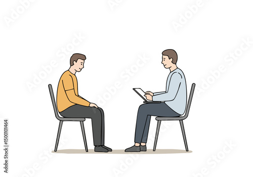 A man and therapist engage in a supportive session, using a laptop.  Warm, comforting, and professional.  Illustrative style, focused on mental wellness.