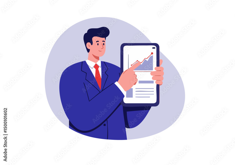 A professional man analyzes a progress chart on a tablet, showcasing data and strategic planning. Modern, digital business concept. A professional man analyzes a progress chart on a tablet, showcasing data and strategic planning. Modern, digital business concept.