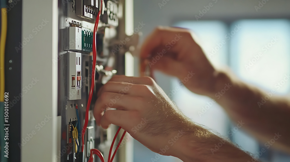 Obraz premium Electrician Working on Electrical Panel