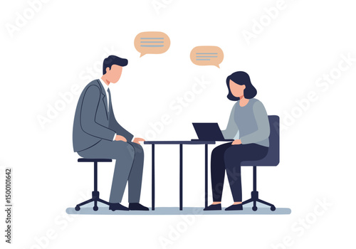 A professional man and woman engage in a reflective session at a desk, discussing ideas. Modern, minimalist style. Suitable for business and coaching visuals.