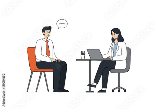 A professional man and woman engage in a reflective session, discussing ideas via laptop. Modern, clean illustration style. Suitable for business, coaching, and personal development themes.