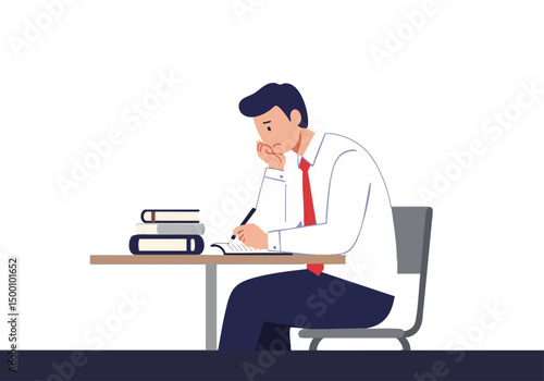 A professional man contemplates a notebook at a desk, symbolizing post-therapy reflection.  A thoughtful expression conveys introspection and potential growth.  Clean, modern illustration.
