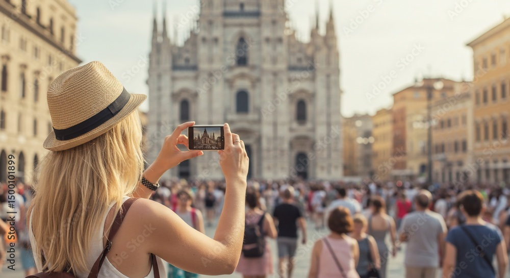 Naklejka premium Tourist captures gothic cathedral with phone