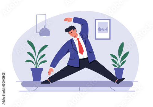 A professional man stretches in a modern office, promoting wellness and productivity. Bright, clean, and inviting workspace. Ideal for health and lifestyle content.