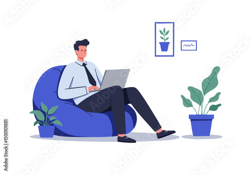 A young professional relaxes on a beanbag chair, working on a laptop in a cozy home setting. Plants and a framed picture add to the relaxed atmosphere. Modern, flat illustration.