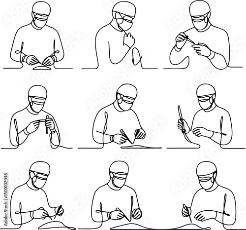 One Line Surgeon Silhouette Set – Minimalist Medical Art Surgeon Line Drawing Vector – Doctor Silhouette Icons
