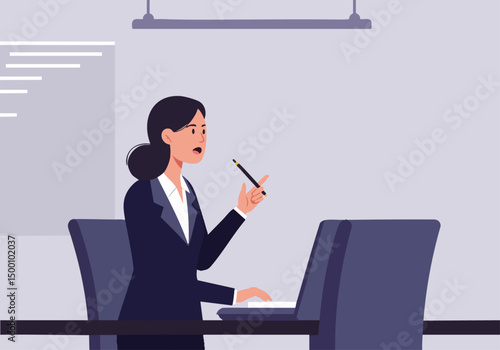 A professional woman speaks assertively at her computer, projecting confidence. Modern office setting with a blurred background. Bold voice conveyed.