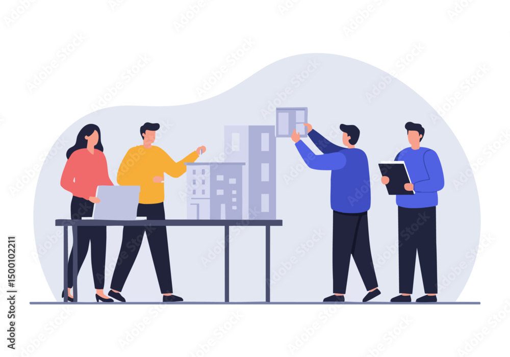 Fototapeta premium Team collaborates on architectural models, showcasing design and planning. Modern, professional setting with blueprints and a laptop. Bright, clean illustration.