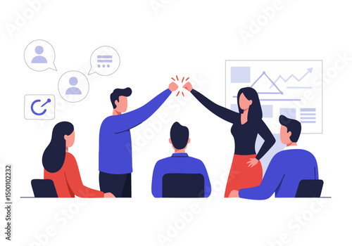 Team empowerment! Diverse professionals celebrate success with a high-five and strategic chart. Modern, collaborative, and visually engaging for business concepts.