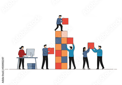 Teamwork builds a block tower! Diverse professionals collaborate, stacking blocks to achieve a shared goal. Modern, graphic illustration.