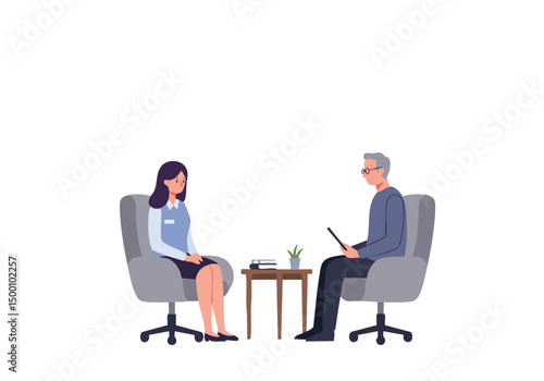 therapist listens attentively to a client during a counseling session The scene is calm and professional featuring two individuals in comfortable chairs Soft colors and a neutral background 