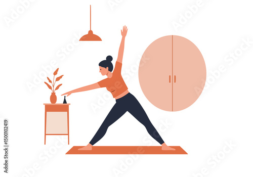 A woman practices yoga in a stylish home setting. She?s in Warrior One pose, with a calming atmosphere and modern decor. Perfect for wellness and lifestyle visuals.