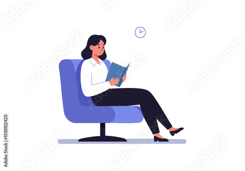 A woman relaxes in a comfortable armchair, engrossed in a book. A serene, quiet corner scene with a soft, inviting atmosphere. Perfect for promoting calm and focus.