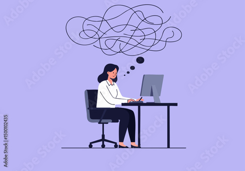 A woman sits at her computer, overwhelmed by tangled thoughts. A modern workspace reflects a stressed mind.  Illustrative style.