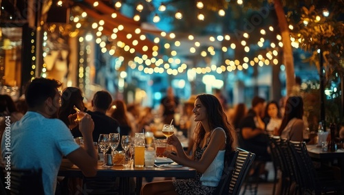 Outdoor restaurant scene at night, lit by string lights. People enjoying drinks and food